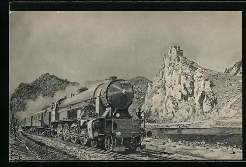 Künstler-AK Eisenbahn-Tschechien, Personenzug mit Dampflok Nr. 455.0