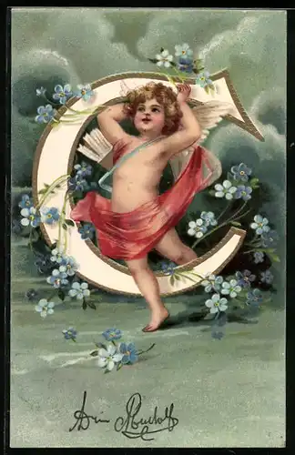 AK Engel tanzt mit dem Buchstaben C durch den Wolkenhimmel