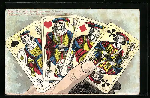 Lithographie Hand mit vier Spielkarten