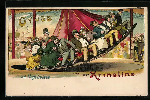 Lithographie Dresden, Dresdener Vogelwiese, Krinoline mit Fahrgästen