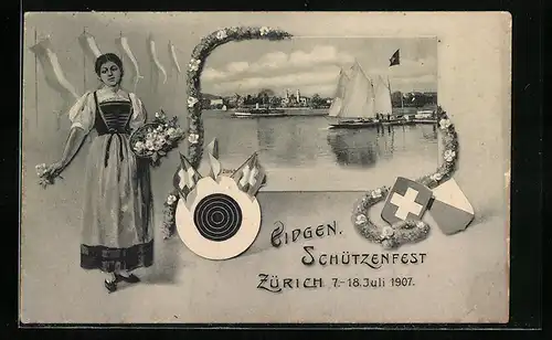 AK Zürich, Eidgen. Schützenfest 1907, Dampfer kurz nach dem Ablegen