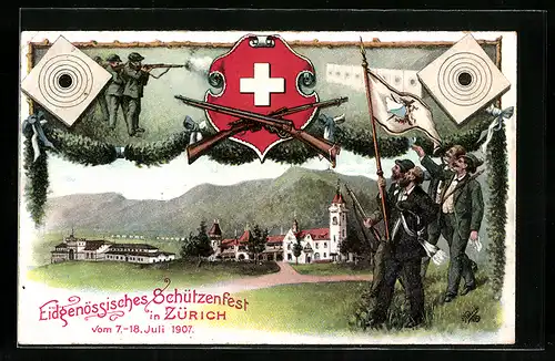 Künstler-AK Zürich, Eidgenössisches Schützenfest 1907, Schützen und Zielscheiben
