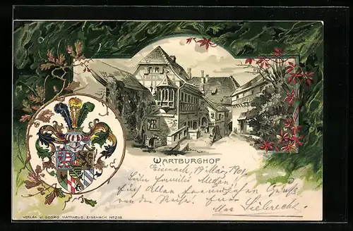 Passepartout-Lithographie Wartburgshof und Wappen