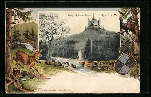 Passepartout-Lithographie Burg Hohenzollern, Ortsansicht, Reh und Auerhahn, Wappen