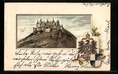 Passepartout-Lithographie Hohenzollern, Burg auf Berg, Wappen