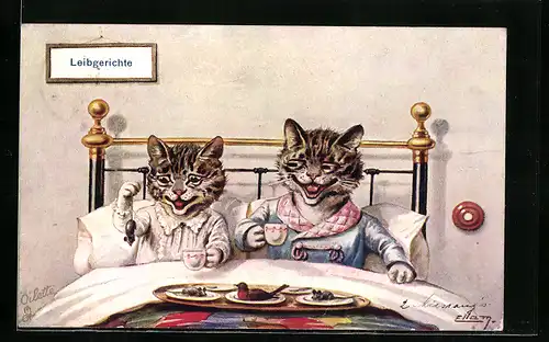 Künstler-AK sign. Ellam: Vermenschlichte Katzen, Leibgerichte