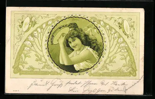 Lithographie Junge Dame mit Tambourin, florale Ornamente, Jugendstil