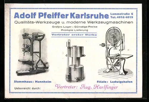 AK Karlsruhe, Werkzeughersteller Adolf Pfeiffer, Maschinen, Vertreterkarte