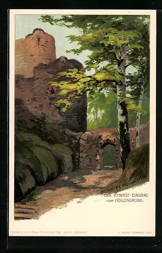 Künstler-Lithographie Carl Ernst Morgenstern: Der Kynast-Eingang vom Höllengrund