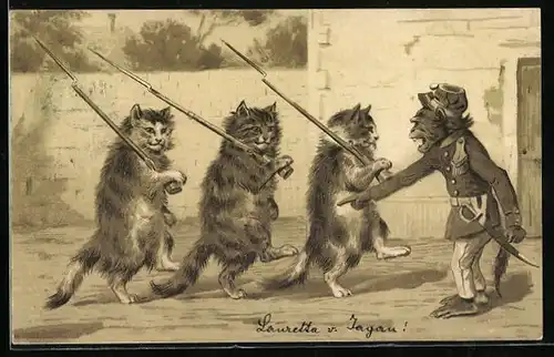 Lithographie Affe als Ausbilder und Kätzchenrekruten