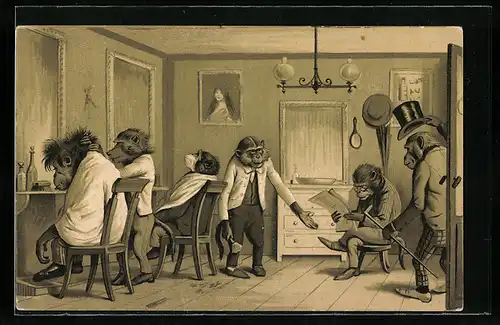 AK Vermenschlichte Affen lassen sich beim Friseur die Haare schneiden