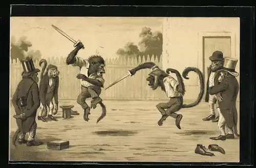 Lithographie Affen im Anzug beobachten Schwertkampf