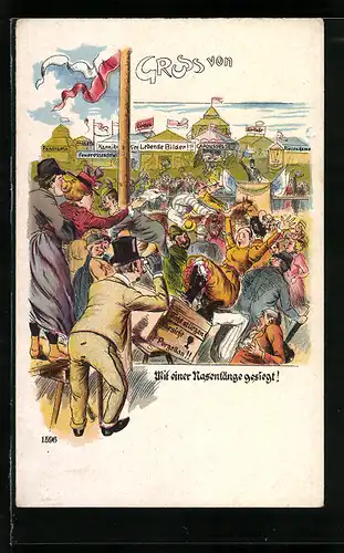 Künstler-AK Gruss vom Volksfest, Mit einer Nasenlänge gesiegt!