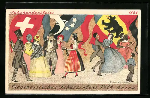 AK Aarau, Eidgenössisches Schützenfest 1924, Teilnehmer beim Tanz, Jahrhundertfeier