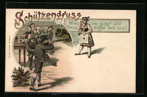 AK Schützengruss, Schütze und Frau mit Zielscheibe, Schützenfest
