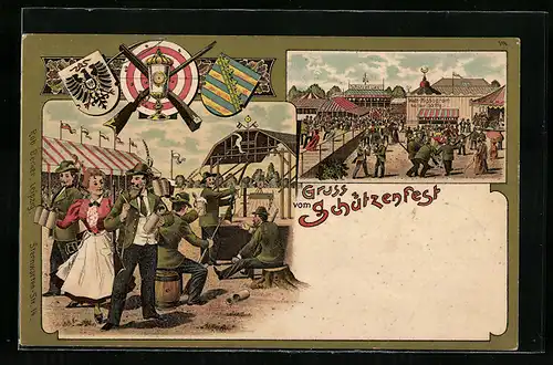 Lithographie Gruss vom Schützenfest, Wappen von Sachsen und Preussen