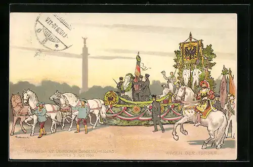 Künstler-AK Hannover, XIV. Deutsches Bundesschiessen 1903, Festzug mit Wagen der Turner