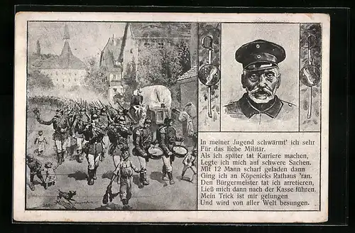 Künstler-AK Berlin-Köpenick, Hauptmann von Köpenick, Soldaten in Uniform mit Trommeln