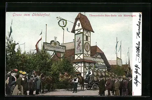 AK München, das Oktoberfest, Thomasbräu Bier-Bude mit Bierwagen