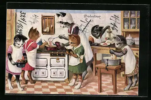 Künstler-AK Katzen beim Kochunterricht mit Kochbuch