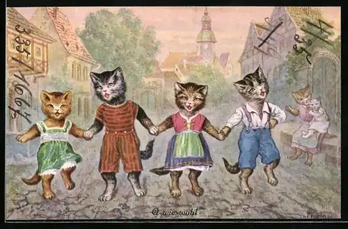 Künstler-AK Katzenkinder Pfote in Pfote