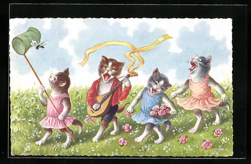 AK Katzen mit Gitarre auf einer Blumenwiese, vermenschlichte Tiere