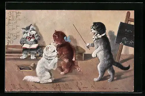 AK Lehrer mit Rohrstock und Katzenkindern in der Schule