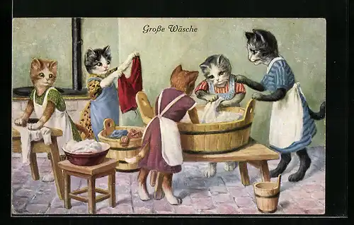 Künstler-AK Grosse Wäsche, Katzenwäsche, vermenschlichte Tiere