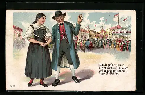 AK Herr mit Frau auf Volksfest mit Menagerie und Zirkus