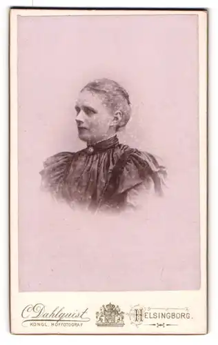 Fotografie C. Dahlquist, Helsingborg, Portrait bürgerliche Dame im festlichen Kleid mit Kragenbrosche