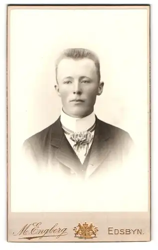 Fotografie M. Engberg, Edsbyn, Portrait blonder junger Mann in gestreifter Fliege