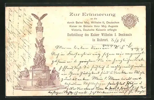 AK Ruhrort, Enthüllung des Kaiser Wilhelm I. Denkmals 1896