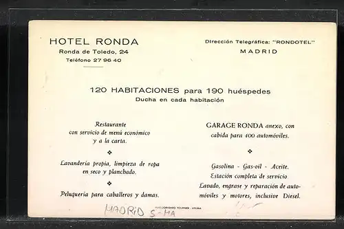Künstler-AK Madrid, Hotel Ronda. Ronda de Toledo, 24