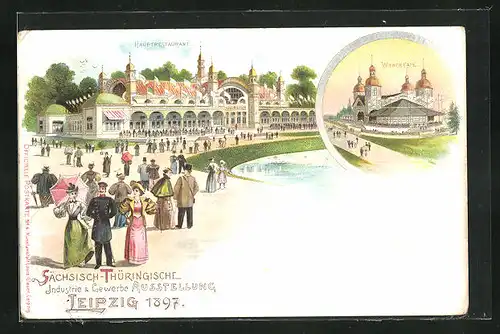 Lithographie Leipzig, Sächsisch-Thüringische Industrie & Gewerbe Ausstellung 1897, Hautrestaurant, Wiener Café