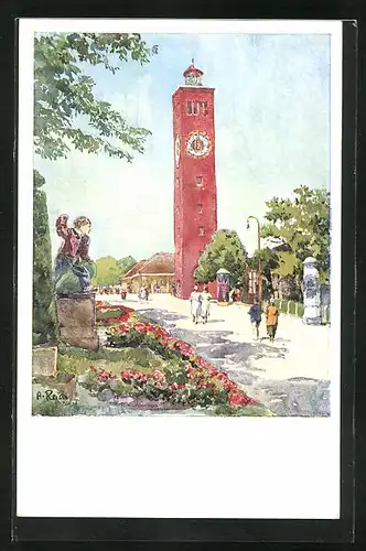 Künstler-AK München, Verkehrs-Ausstellung 1925, Turm im Ausstellungspark