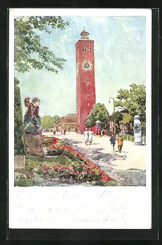 Künstler-AK München, Verkehrs-Ausstellung 1925, Turm im Ausstellungspark