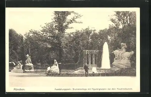 AK München, Brunnenanlage mit Figurengruppe vor dem Hauptrestaurant im Ausstellungspark