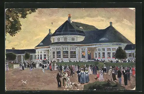Künstler-AK München, Ausstellung 1908, Besucher vor dem Hauptrestaurant