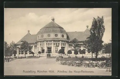 AK München, Ausstellung 1908, Mittelbau des Hauptrestaurants