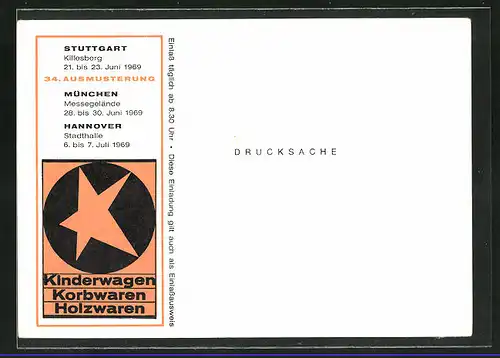 Künstler-AK München, 34. Ausmusterung Kinderwagen-Korbwaren-Holzwaren 1969, Stuttgart Killesberg u. Hannover Stadthalle