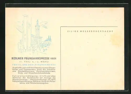Künstler-AK Köln, Kölner Frühjahrsmesse-Textil- und Bekleidungsmesse 1951, Ortspartie