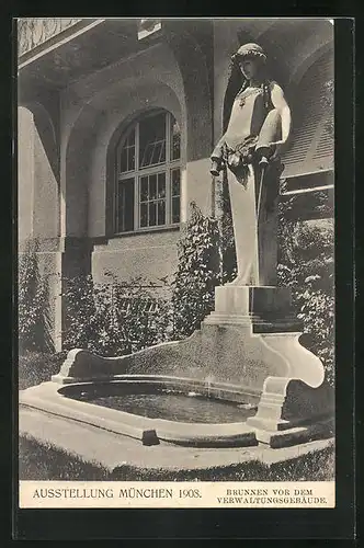 AK München, Ausstellung 1908, Brunnen vor dem Verwaltungsgebäude