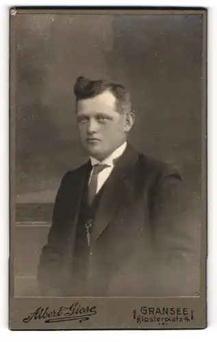 Fotografie Albert Giese, Gransee, Portrait junger Herr in Anzug mit Krawatte