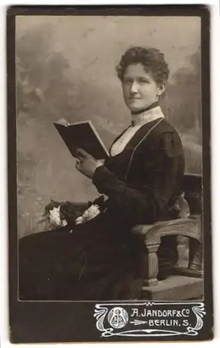 Fotografie A. Jandorf & Co., Berlin-S, Portrait sitzende Dame im eleganten Kleid mit Buch in der Hand