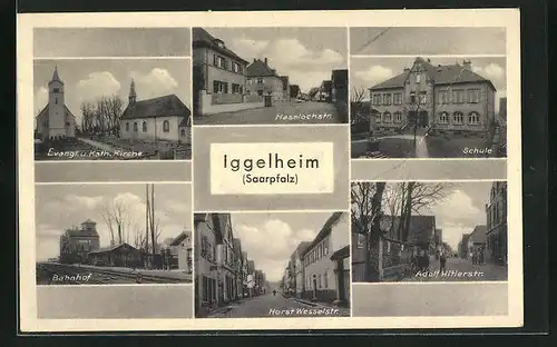 AK Iggelheim /Saarpfalz, Schule, strasse, Bahnhof, ev. & kath. Kirche