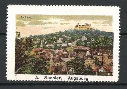 Reklamemarke Coburg, Panorama mit Schloss im Hintergrund