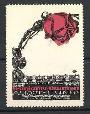 Reklamemarke München, Frühjahrs-Blumen-Ausstellung 1914, grosse Rose über dem Messegelände