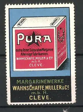 Reklamemarke Pura feine Süssrahm-Margarine, Wahnschaffe, Müller & Co., Cleve, Margarinewürfel