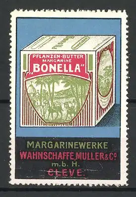 Reklamemarke Bonella Pflanzen-Butter, Wahnschaffe, Müller & Co., Cleve, Margarinewürfel
