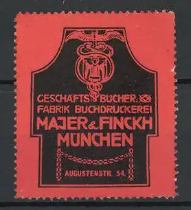 Reklamemarke Buchdruckerei Majer & Finckh, Augsutinerstr. 54, München, Firmenlogo